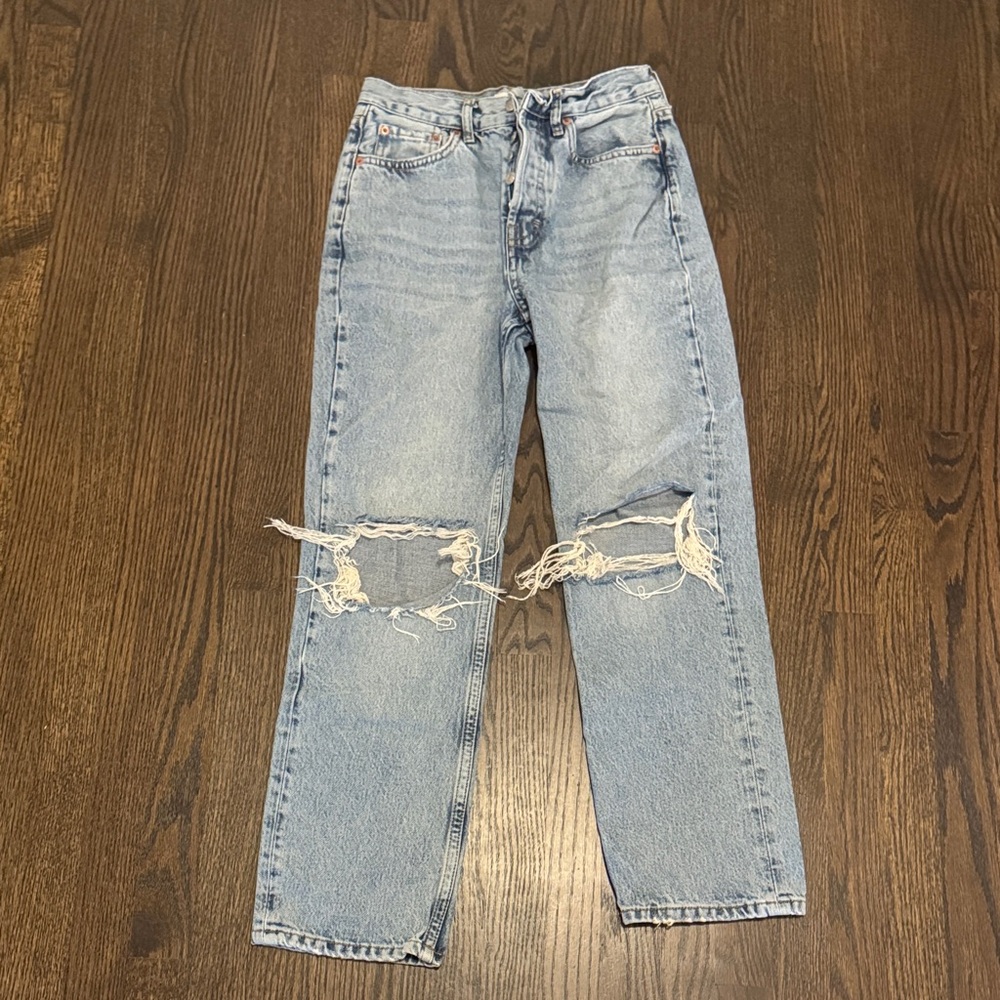 Topshop Light Blue Distressed Straight Leg Jeans